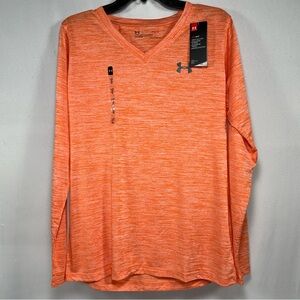 NWT Under Armour Orange Heathered HeatGear V-Neck Long Sleeve Shirt Size Large
